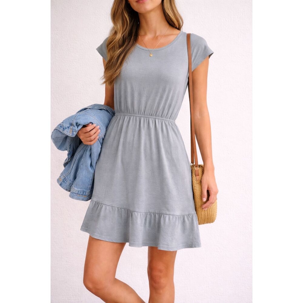 Papermoon Grey Cap Sleeve Mini Dress Elastic Waist Ruffle Hem Boho Casual S